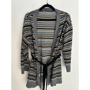 Viva Geometric Striped‎ Belted Cardigan Sweater Black Tan White Womens Large